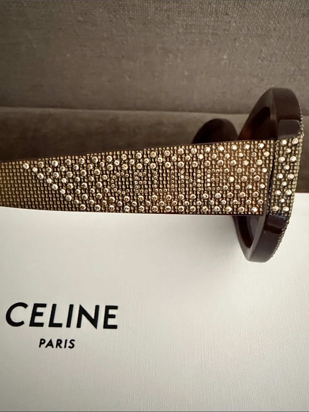 Celine Crystal-Embellished Round Sunglasses - Gold Frame, Black Lenses